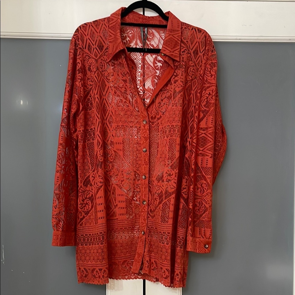 Anthropologie Burnt Orange Sheer Button-Up Blouse